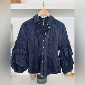 Free People Navy Pinstripe Blouse